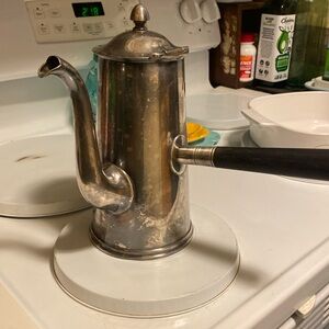 Silver plated/Silver Soldered US Navy coffee pot Hinged lid, Wood handle.